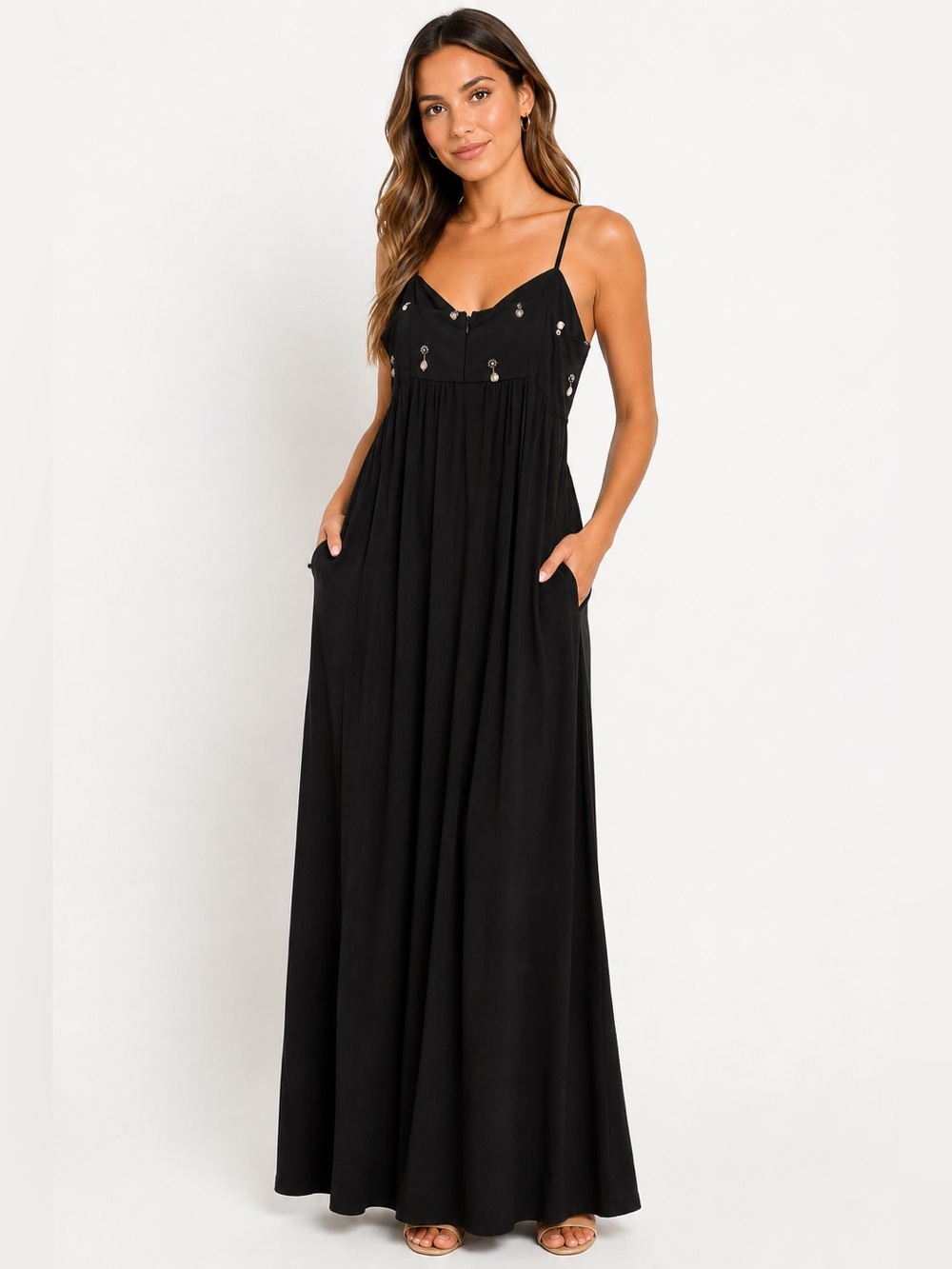 Beauty & Grace Black Embellished Maxi Dress M NWT Pockets Beaded Evening Formal